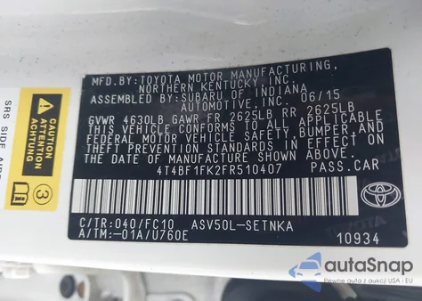 2015 Toyota Camry Le из США, поврежденный, VIN 4T4BF1FK2FR510407